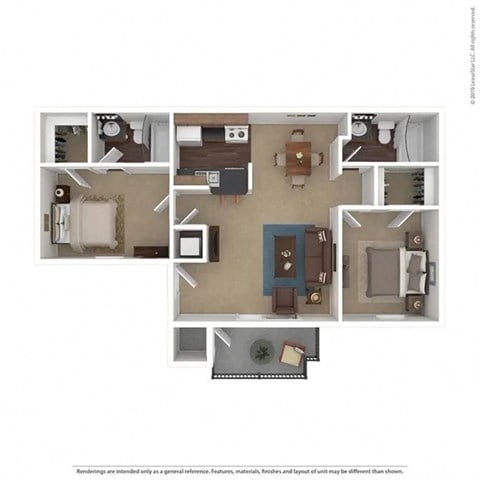 Floor plan for 2 beds, 2 baths, 800 sqft